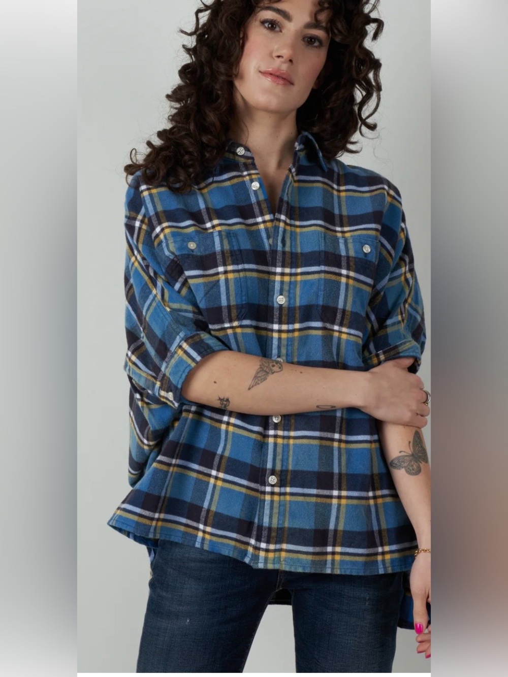 R13 Blue Plaid oversized boxy Button-Down Shirt.